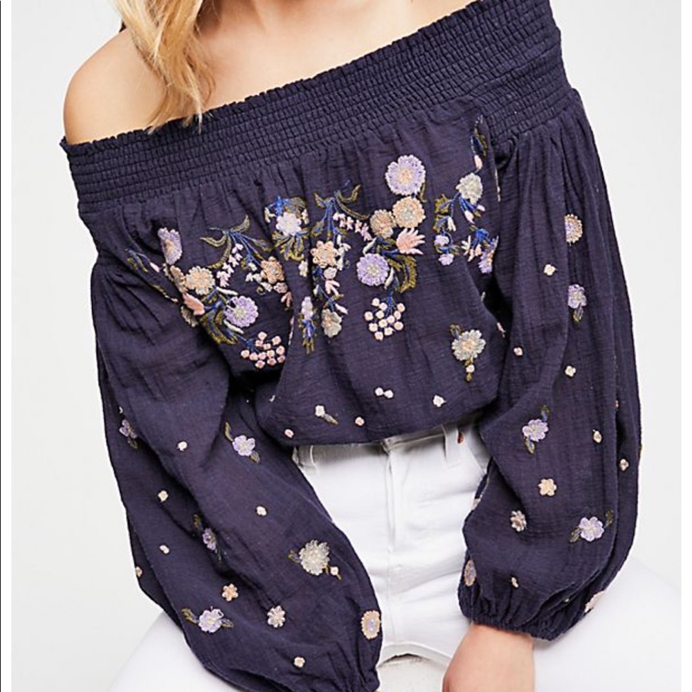 Free People Navy Floral Embroidered Top